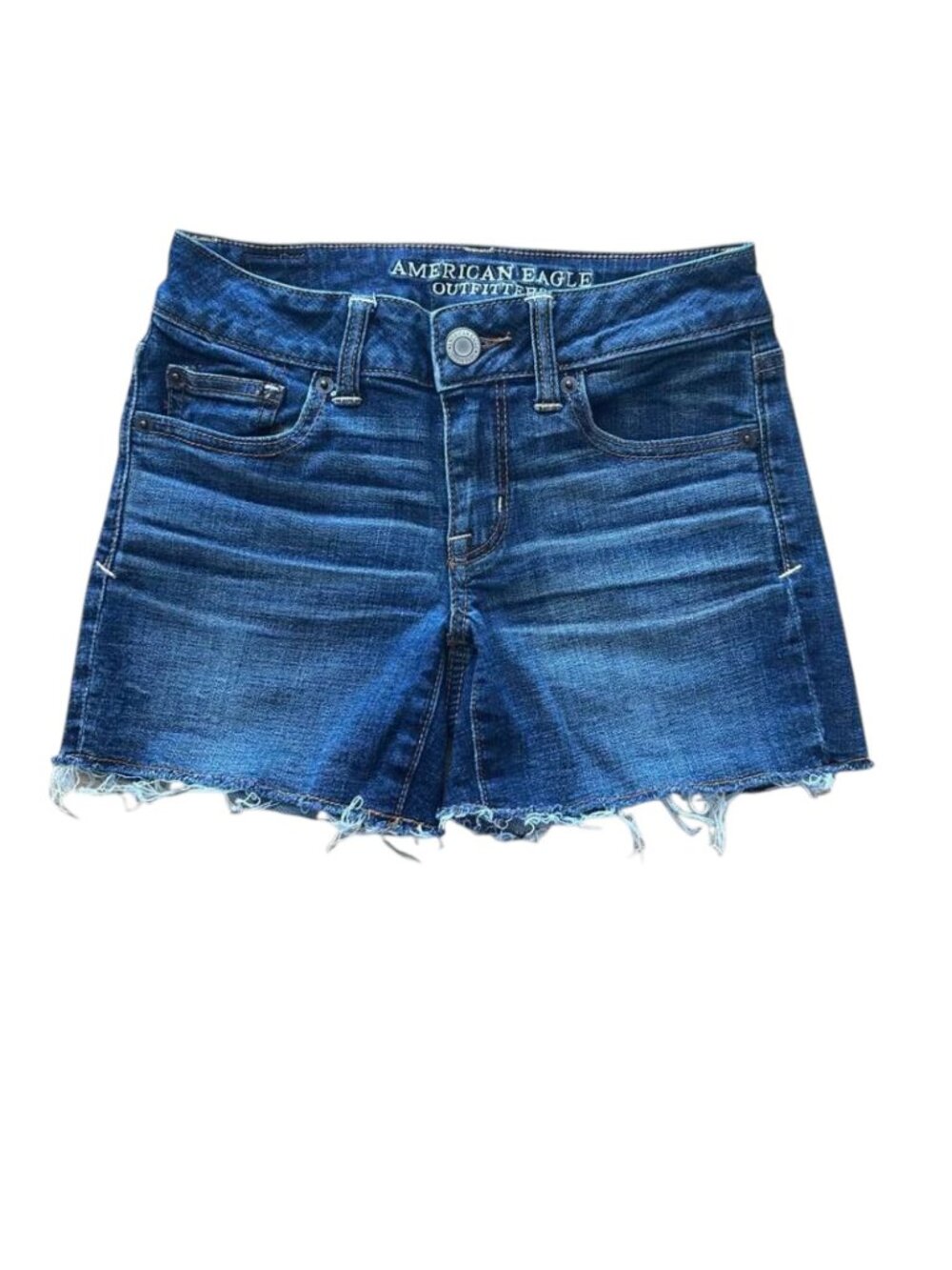 American Eagle Shortie Stretch Denim Shorts Raw Hem Blue Size 0
